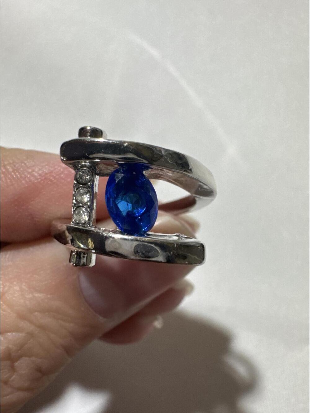 Unique Silver Ring with Blue Gem & Rhinestones